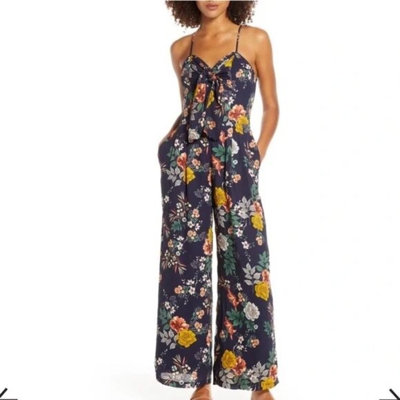 Chelsea 28 x Nordstrom Bow front Floral Print Wide Leg flowy Maxi Jumpsuit LG - Picture 1 of 9